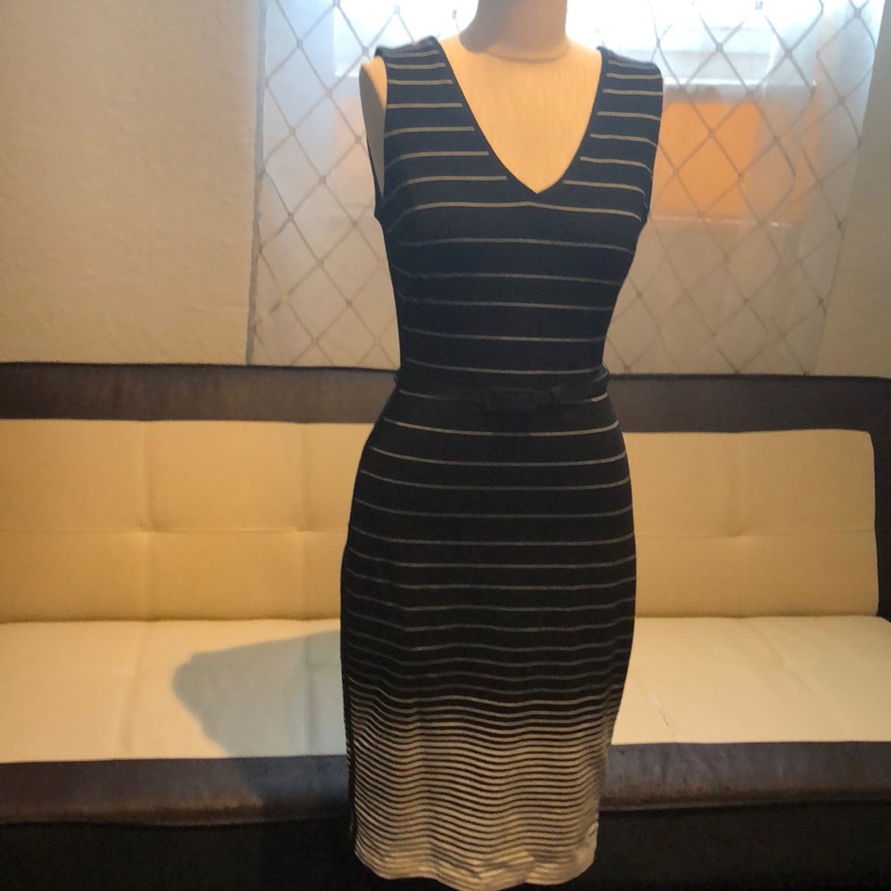 New WHBM B/W striped fitted belted Sheath